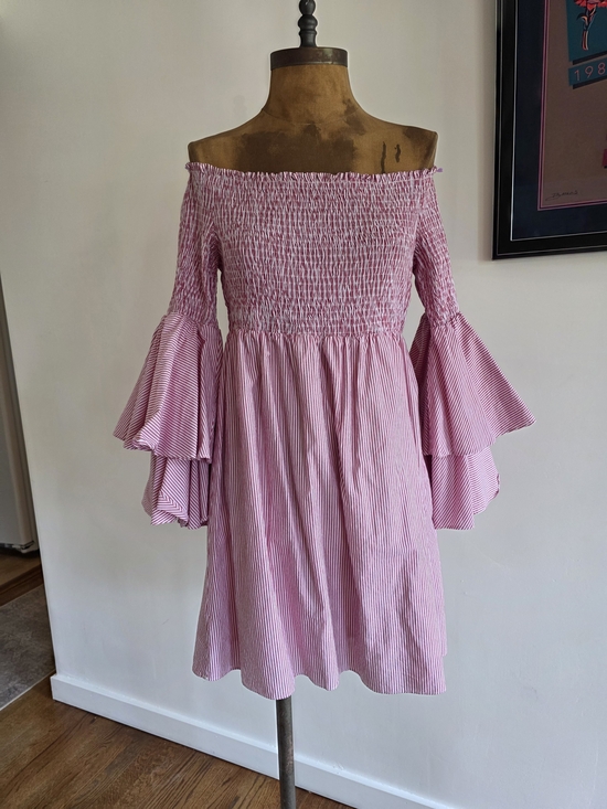 Gianni Bini Dresses & Skirts - Gianni Bini Off Shoulder Smocked Ruffle Sleeve Dress Large Pink And White Stripe